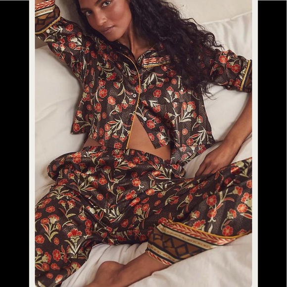 Free People Pajama Party Floral Collar 3/4 Sleeve full length sleep set sz XS - Picture 3 of 5